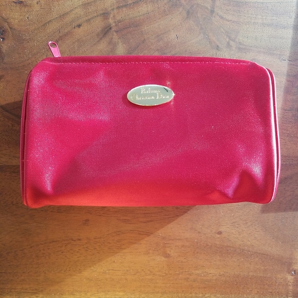 Dior Red Gold Logo Satin Makeup Bag Case Unused - Picture 4 of 8